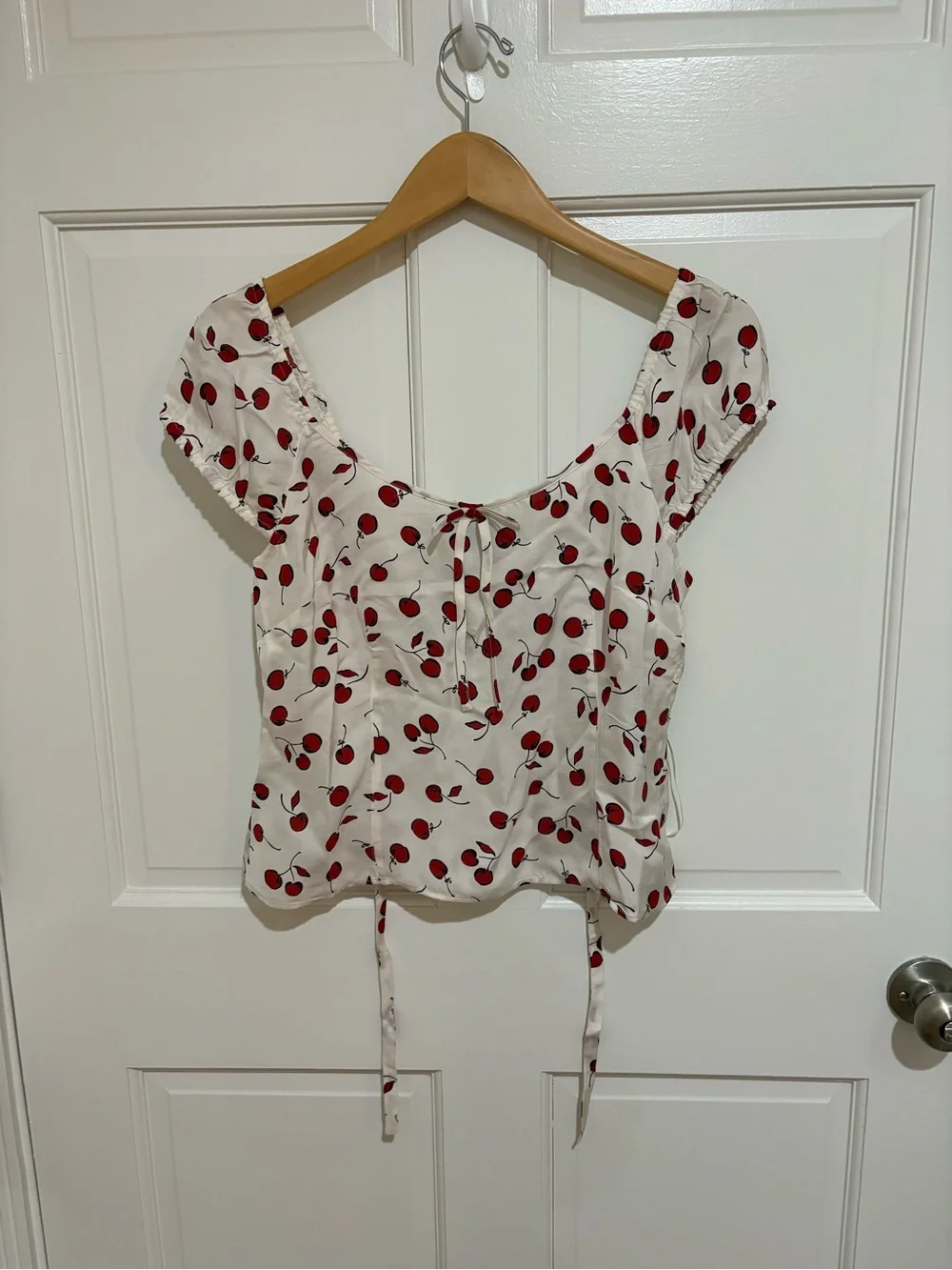J. Crew White Top with Red Cherry Print and Tie Front